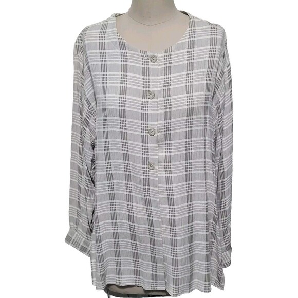 Vtg Clio Blouse Womens M Gray White Plaid Flowy Boho 4 Button Tunic 90s … - Picture 2 of 16